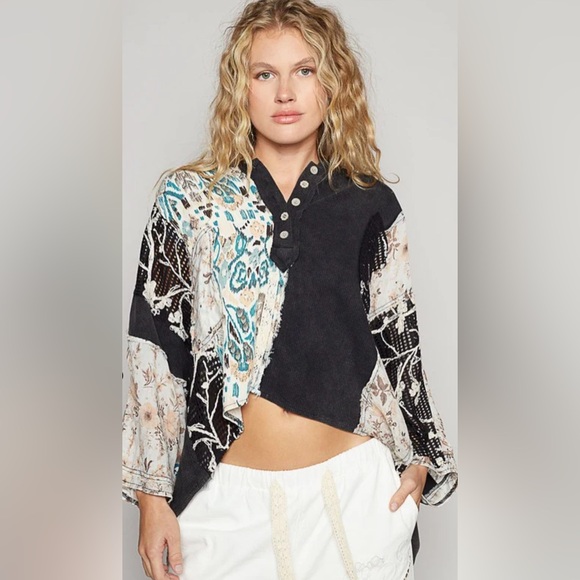 POL Crochet Patch Embroidered Button Up Jacket